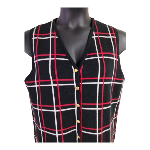 Liz Baker Sz Medium Black red white and Gold button down cotton sweater vest - Picture 6 of 13